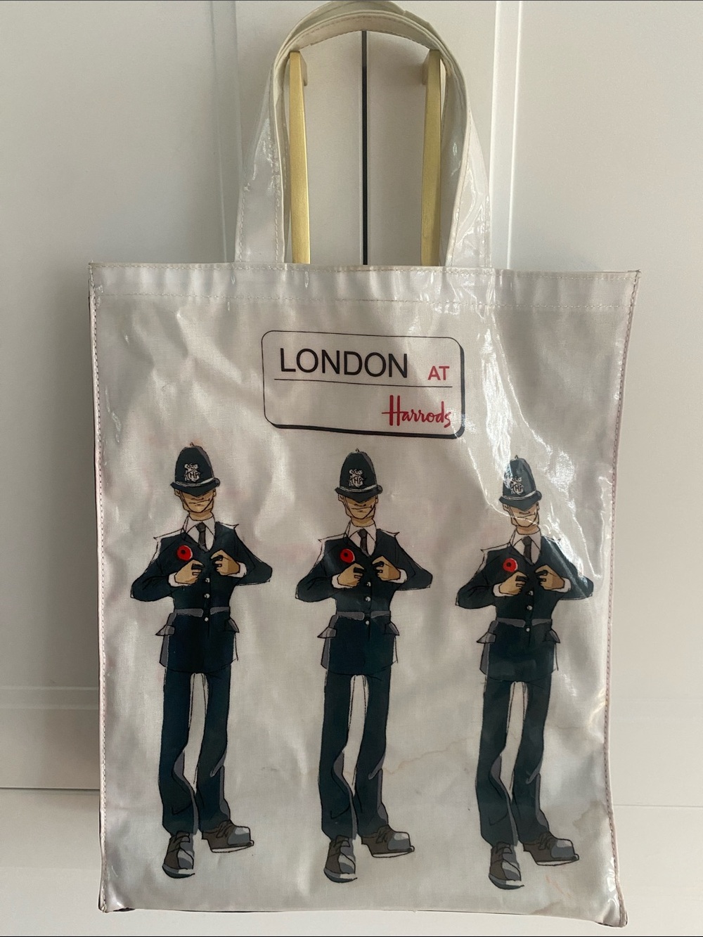 HARRODS Collectors: White Tote Bag w Navy Police Officer in Print Fair Condition